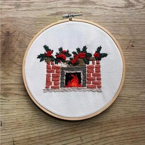 Festive Fireplace Embroidery Hoop Art